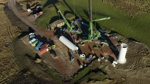 High angle aerial shot of a wind turbine construction, 4K Stock Footage 179315156