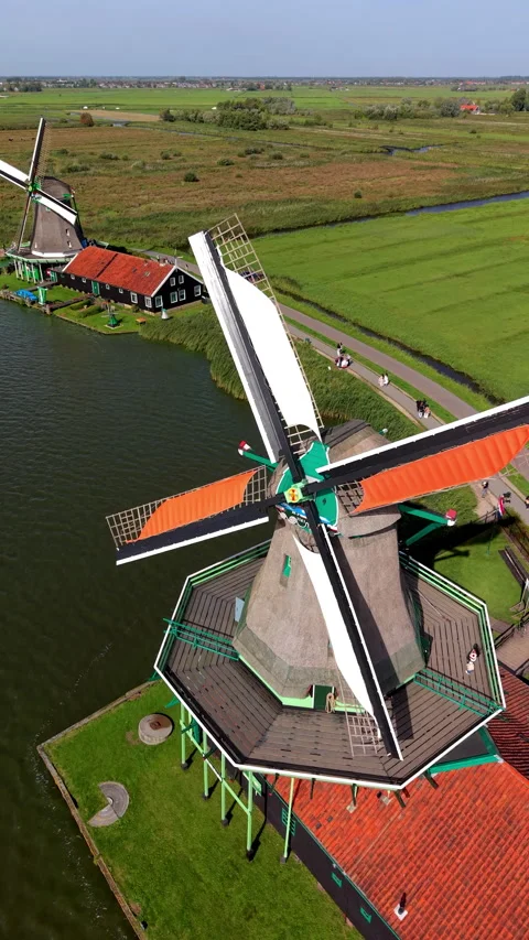 High angle aerial vertical frame of historic Dutch village Zaanse Schans Stock Footage 348442526