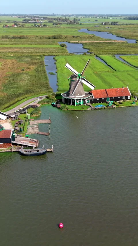 High angle aerial vertical frame of historic Dutch village Zaanse Schans Stock Footage 348442596