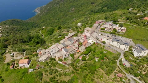 High angle aerial view around a elevated Montaretto village in Liguria, Italy 스톡 동영상 345003535