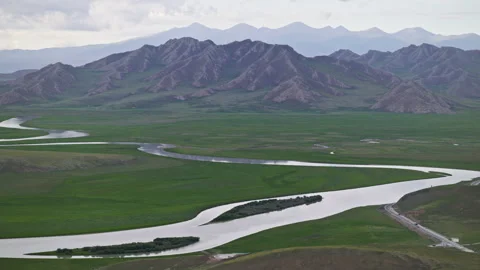 High-Angle Aerial View of Bayanbulak Canyon Wetland and Kaidu River Stock Footage 343050028