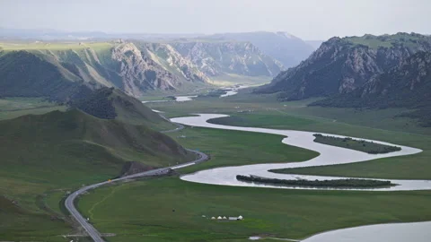 High-Angle Aerial View of Bayanbulak Canyon Wetland and Kaidu River Stock Footage 343050479