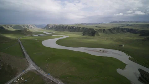 High-Angle Aerial View of Bayanbulak Canyon Wetland and Kaidu River Stock Footage 343051304