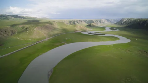 High-Angle Aerial View of Bayanbulak Canyon Wetland and Kaidu River Video stock 343056277