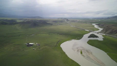 High-Angle Aerial View of Bayanbulak Canyon Wetland and Kaidu River Stock Footage 343057074