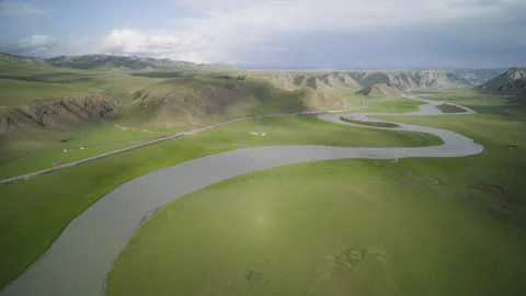 High-Angle Aerial View of Bayanbulak Canyon Wetland and Kaidu River Stock Footage 343057525