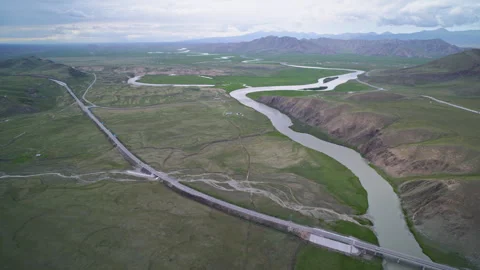 High-Angle Aerial View of Bayanbulak Canyon Wetland and Kaidu River Stock Footage 343058356