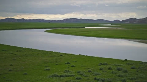 High-Angle Aerial View of Bayanbulak Wetland and Kaidu River 動画素材 343070419