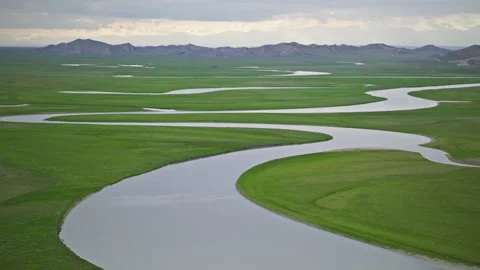 High-Angle Aerial View of Bayanbulak Wetland and Kaidu River Video stock 343070938