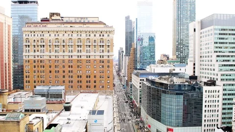High angle, aerial view on Broadway, H&amp;M store sign in New York City Stock Footage 100515357