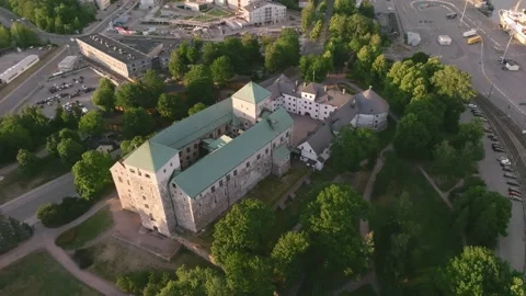 High-angle aerial view of the Castle of Turku in summer Stock Footage 200930579