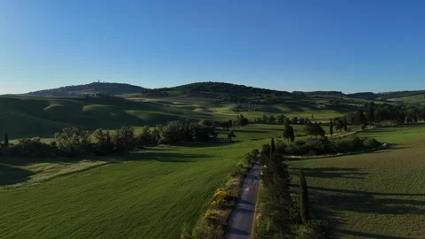 High Angle Aerial View of Dirt Country Lane Cutting Through Pastures Stock Footage 346938859