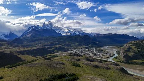 High angle aerial view of El Chaltn village and Mount Fitz Roy in the Argen.. Stock Photos