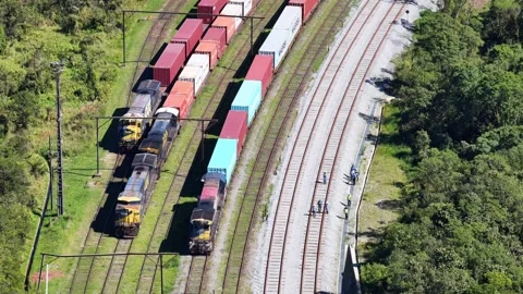 High-Angle Aerial View of Freight Train and Switchyard in Atlantic Forest Region Vidéo 344601629