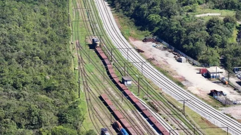 High-Angle Aerial View of Freight Train and Switchyard in Atlantic Forest Region Video stock 344601964