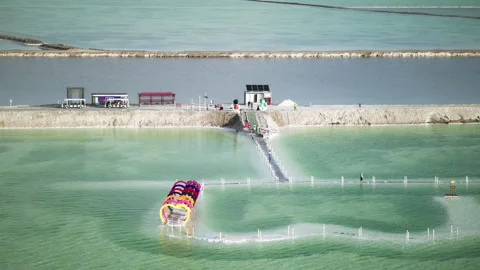 High-Angle Aerial View of Heart-Shaped Landmark at Mangya Emerald Lake Stock Footage 343795488