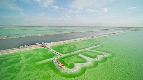 High-Angle Aerial View of Heart-Shaped Landmark at Mangya Emerald Lake Stock Footage 343795504