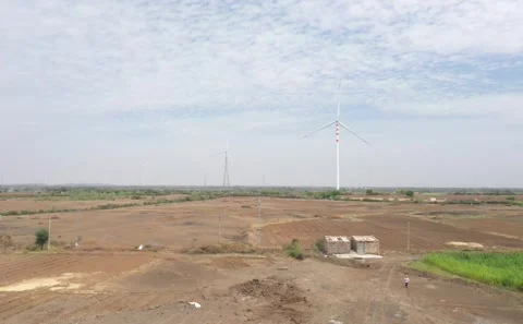 High Angle Aerial View Highlighting Large Windmill Generator Rotator Positioned Vídeo Stock 342488408