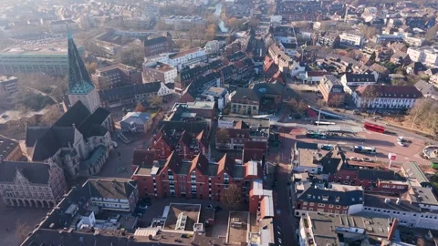 High angle aerial view of a historic European city center featuring a Gothic Stock Footage 330046592