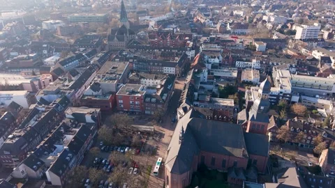 High angle aerial view of a historic European city center featuring a Gothic Vídeo Stock 330754778