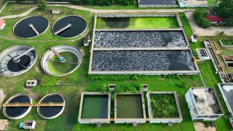 High angle aerial view of industrial wastewater treatment. Stock-Footage 343617782
