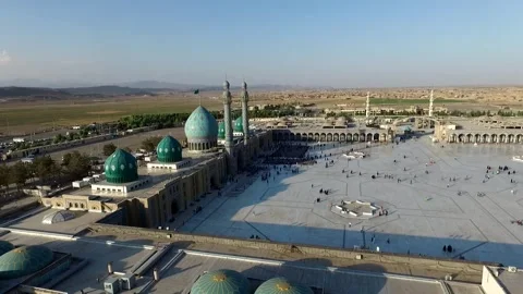 A high angle aerial view of the Jamkaran Blue Mosque, stock footage. Stock Footage 304782924
