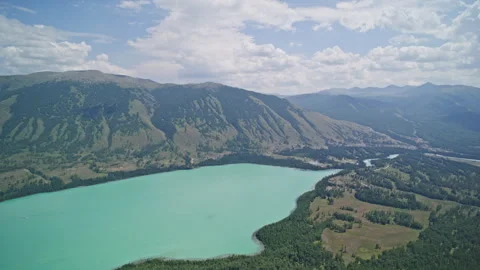 High-Angle Aerial View of Kanas Lake, Kanas River and Kanas Old Village Stock Footage 344011176