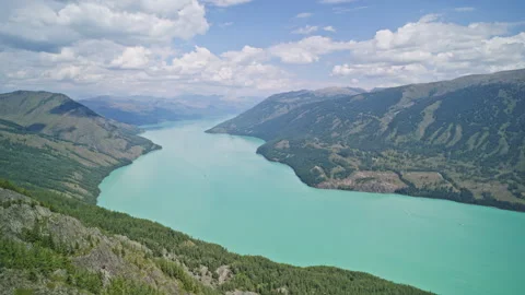 High-Angle Aerial View of Kanas Lake under Blue Sky and White Clouds Stock Footage 344011422