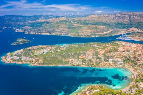 High-Angle Aerial View of Lapad Bay and Bridge in Dubrovnik, Croatia Stock Photos