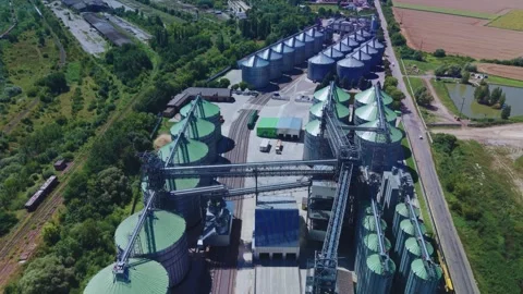 High angle aerial view of large grain elevator storage facility Stock Footage 341285602