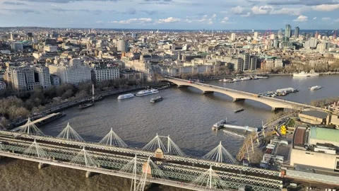 High angle aerial view of London's skyline showing the River Thames Video stock 337810091