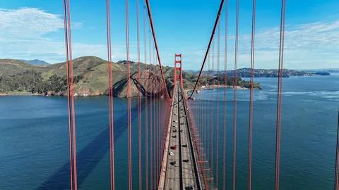 A high-angle aerial view looking down the center of the iconic Golden Gate Stock Photos