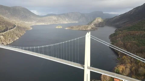 High Angle Aerial View of Lysefjord Bridge and Fjord Stock Footage 335140792
