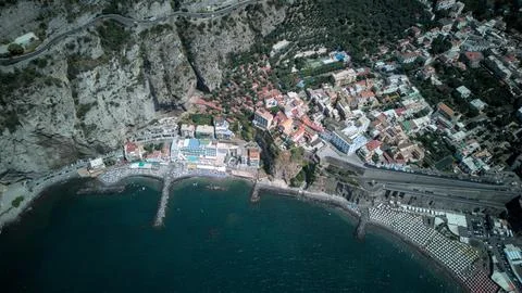 High angle aerial view of Meta di Sorrento beach and breakwaters Stock Photos