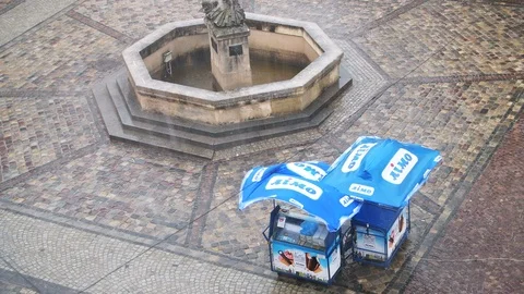 High angle aerial view on old town market square at rain in Lviv Ukraine Stock Footage 111978475