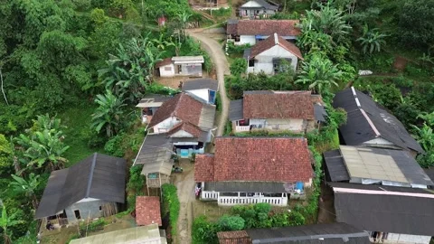 High-Angle Aerial View of Rural Forest Village Settlement Stock Footage 343858643