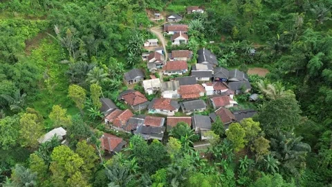 High-Angle Aerial View of Rural Village Surrounded by Forest Stock Footage 343858693
