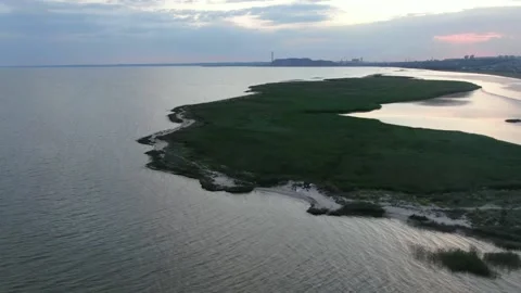 High angle aerial view of sandy island. Azovske sea, Mariupol, Ukraine Stock Footage 152641472