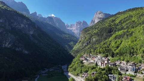 High Angle Aerial View of Scenic Mountains and Italian Alpine Village Stock Footage 337449483