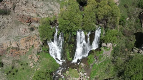 High angle aerial view of Shaki waterfall and rocky canyon in Armenia Stock Footage 342843192