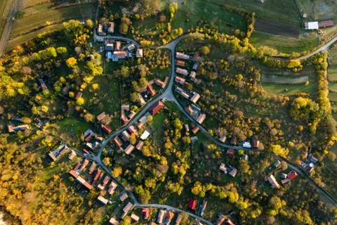 High angle aerial view of a small village at autumn Stock-Fotos