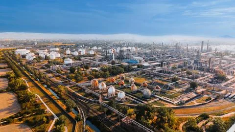 High angle aerial view of spherical storage tanks at oil refinery plant. In.. Stock Photos