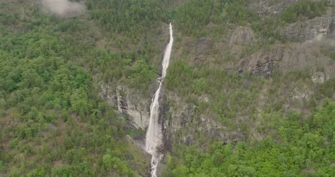 High angle aerial view of Stodnafossen Waterfall, Laerdal Stock Footage 219603679