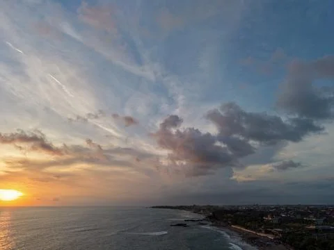 High angle aerial view of sunset over Batu Bolong coast in Bali Fotos Stock