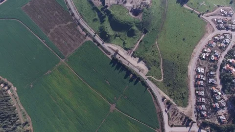 High angle aerial view of Tel Megiddo and Jezreel Valley. Israel. DJI-0072-05 Video stock 106637614