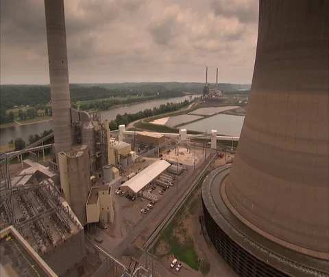 High angle American Electric Power Mountaineer Coal Power Station exterior Stock Footage 86693573