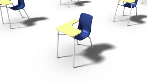 High angle arc pull back revealing endless School Chairs (blue) Stock Footage 26728016