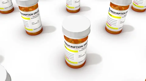 High angle arc pull back revealing endless Pill Bottles Stock Footage 30767206