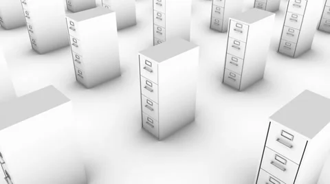 High angle arc pull back revealing endless File Cabinets (White Stock Footage 31911518