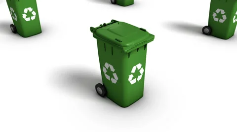 High angle arc pull back revealing endless Recycle Bins (Green) Stock Footage 33401686